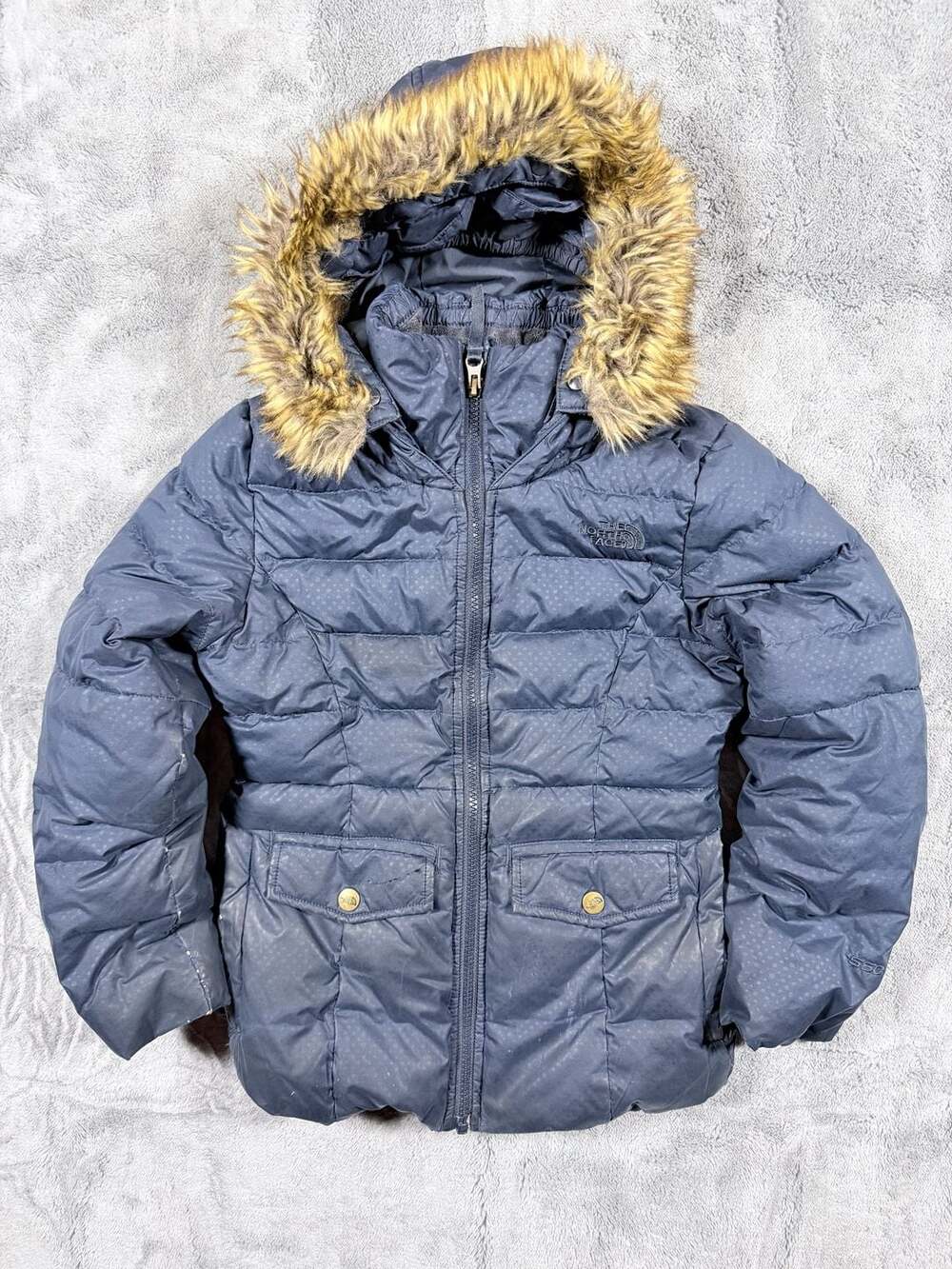The North Face Gotham II Down Jacket Size 7/8 Navy Blue Faux Fur Hood